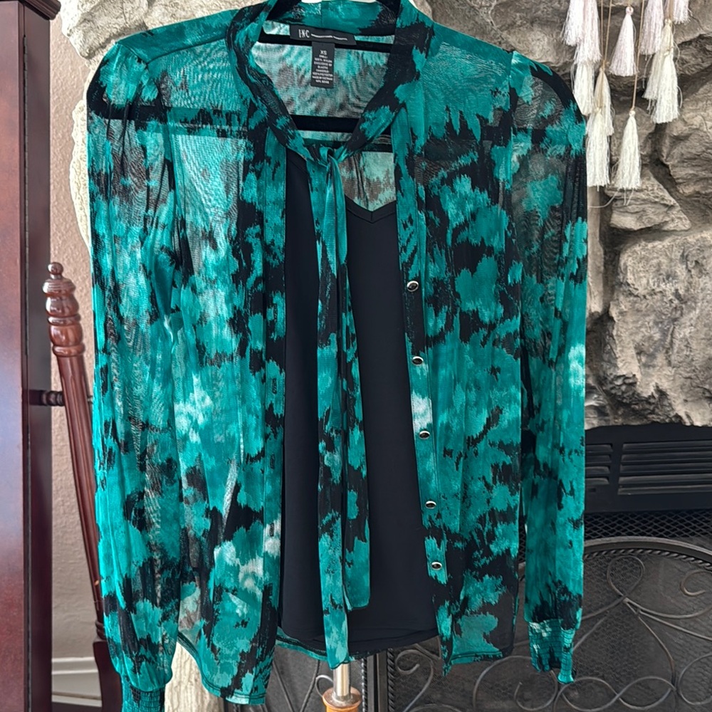INC International Concepts Blue Black Tie Front Long Sleeve Blouse